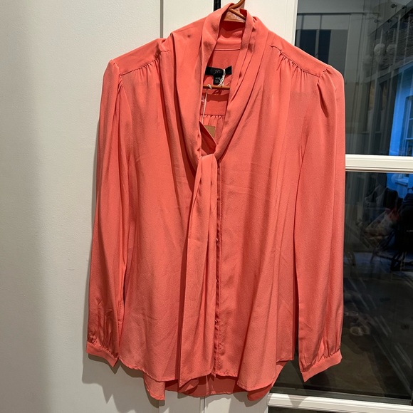 J. Crew tie-neck blouse in Re-Imagined Silk in bright coral - Picture 3 of 5